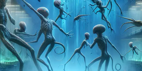 外星生物与人类反抗军在地下洞穴中对抗的场景。